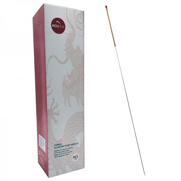 Siliconized steel acupuncture needle with copper handle with head and guide 0.30 x 125 mm (100 units)